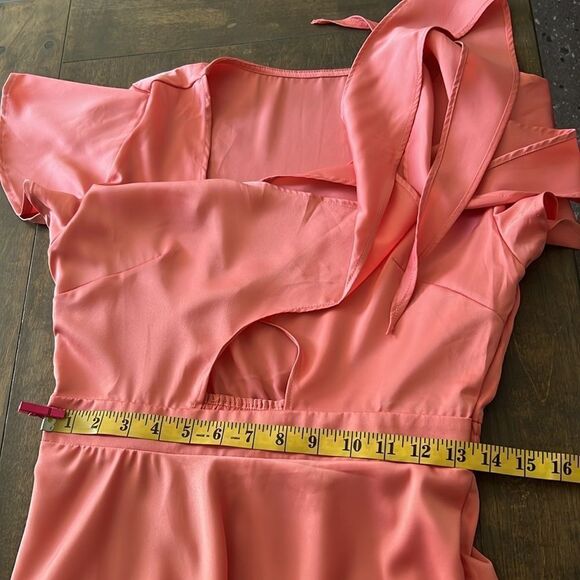 Satin V Neck Ruffle Short Sleeve Tie Front High Waist Midi A-Line Long D… - Picture 10 of 13